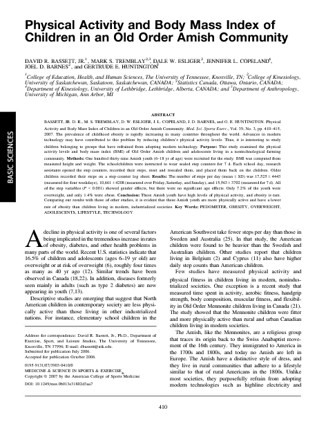 amish Physical activity and body mass index of children in an old order Amish community